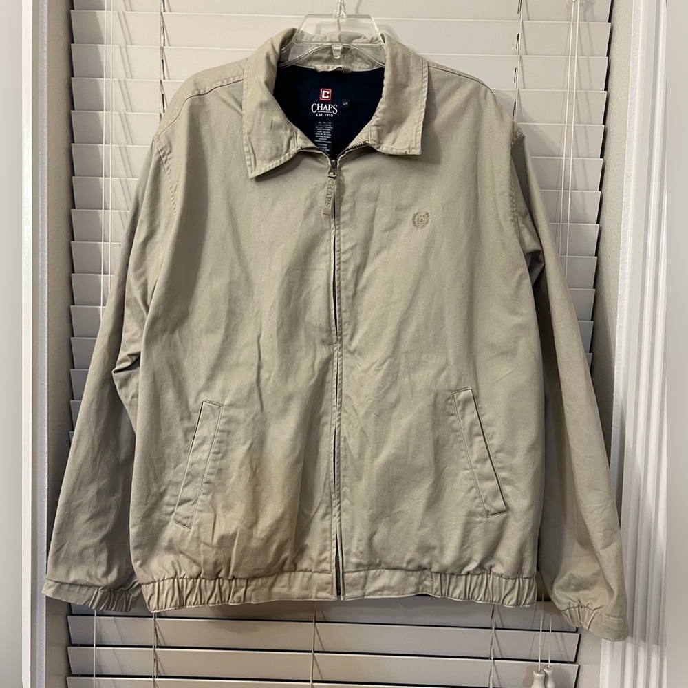 Chaps Men’s Large Khaki Zip Front Jacket Lightweight Casual Coat Pockets Cotton